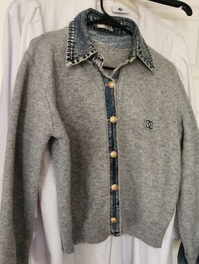 Gray Wool Cardigan with Denim Trim and Gold Buttons